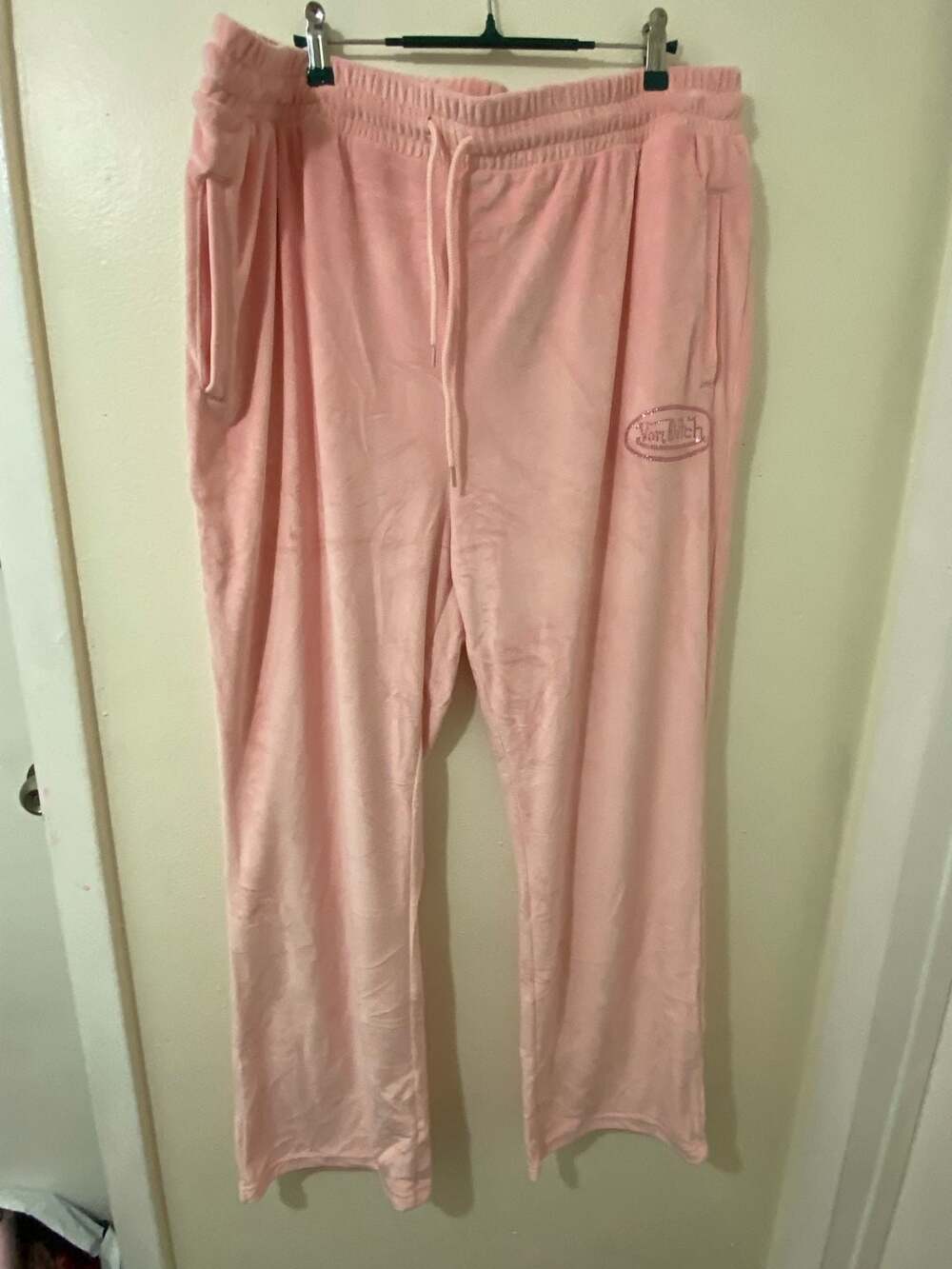 Von Dutch Velour Rhinestone Wide Leg Pant - Pink